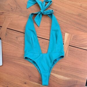 Kendall & Kylie Teal Halter Deep-V One-Piece Swimsuit